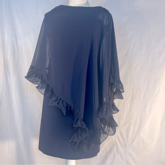 Xscape Cocktail Navy Blue Dress Jersey Chiffon Ruffle Hem Overlay Slit Sleeve 4 - Picture 3 of 8